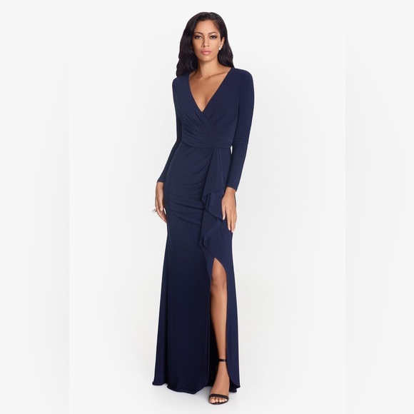 Betsy & Adam Elle Women 8 Long Sleeve Maxi Dress Gown Navy Blue Side Slit Ruffle - Picture 4 of 12
